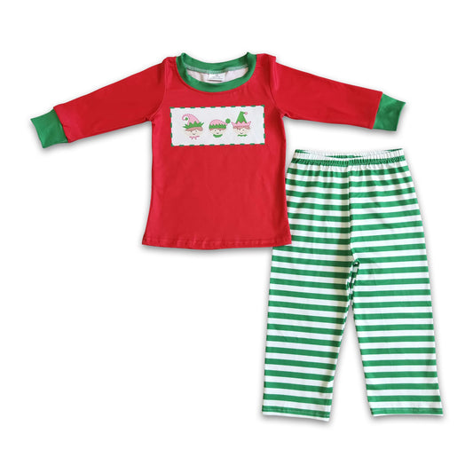 Red screen print shirt stripe pants boy Christmas pajamas