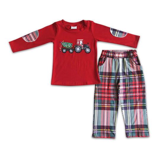 Christmas tree tractor embroidery boy clothing set