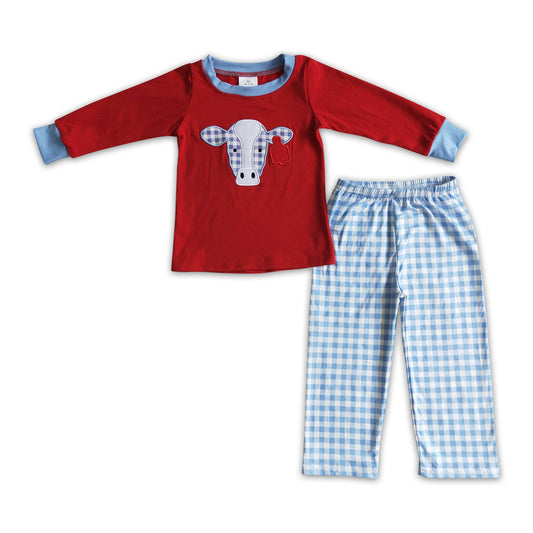 Plaid cow embroidery shirt pants boy clothing set