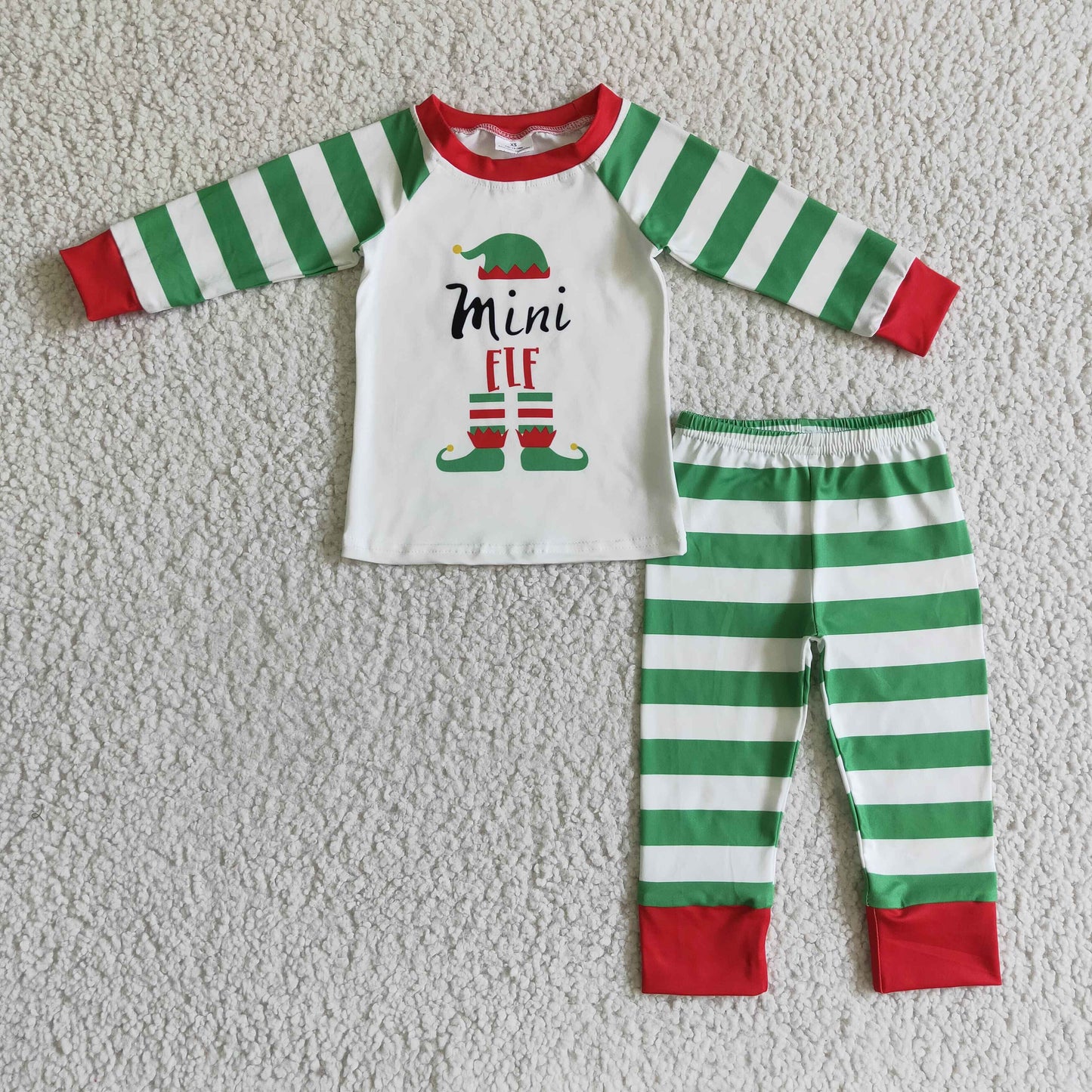 Mini green hat stripe kids Christmas pajamas