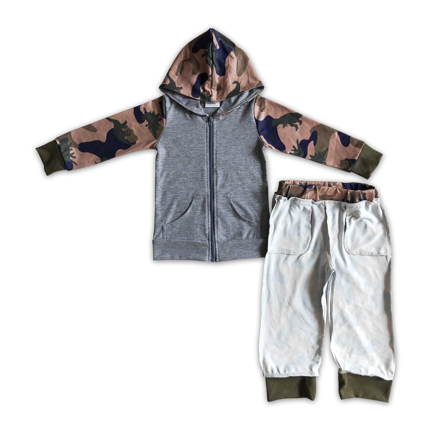 Grey zip hoodie dinosaur camo pants boy fall outfits