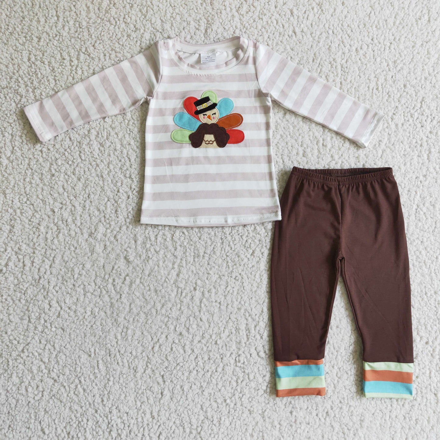 Turkey embroidery stripe shirt brown pants boy Thanksgiving clothes