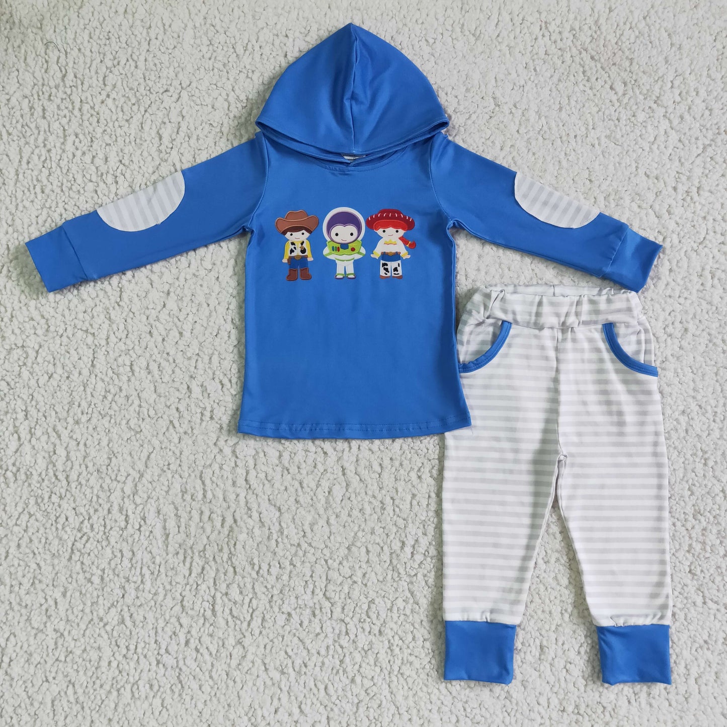 Blue hoodie match pocket stripe pants kids boy fall clothes