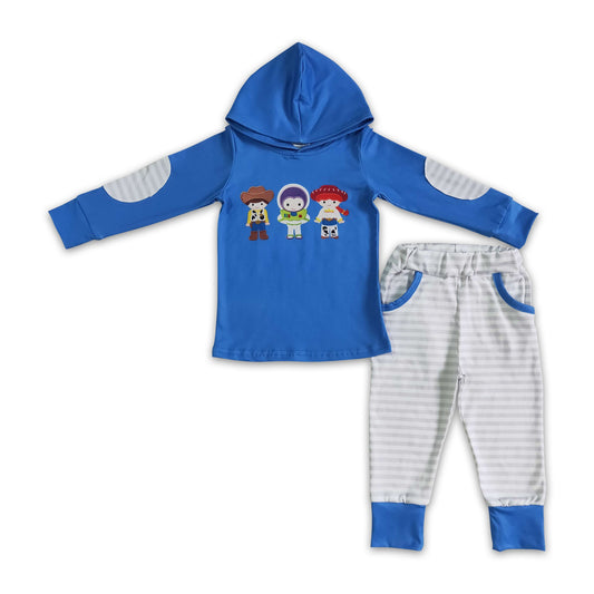 Blue hoodie match pocket stripe pants kids boy fall clothes