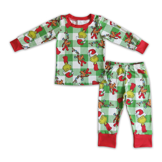 Green face plaid kids boy Christmas pajamas