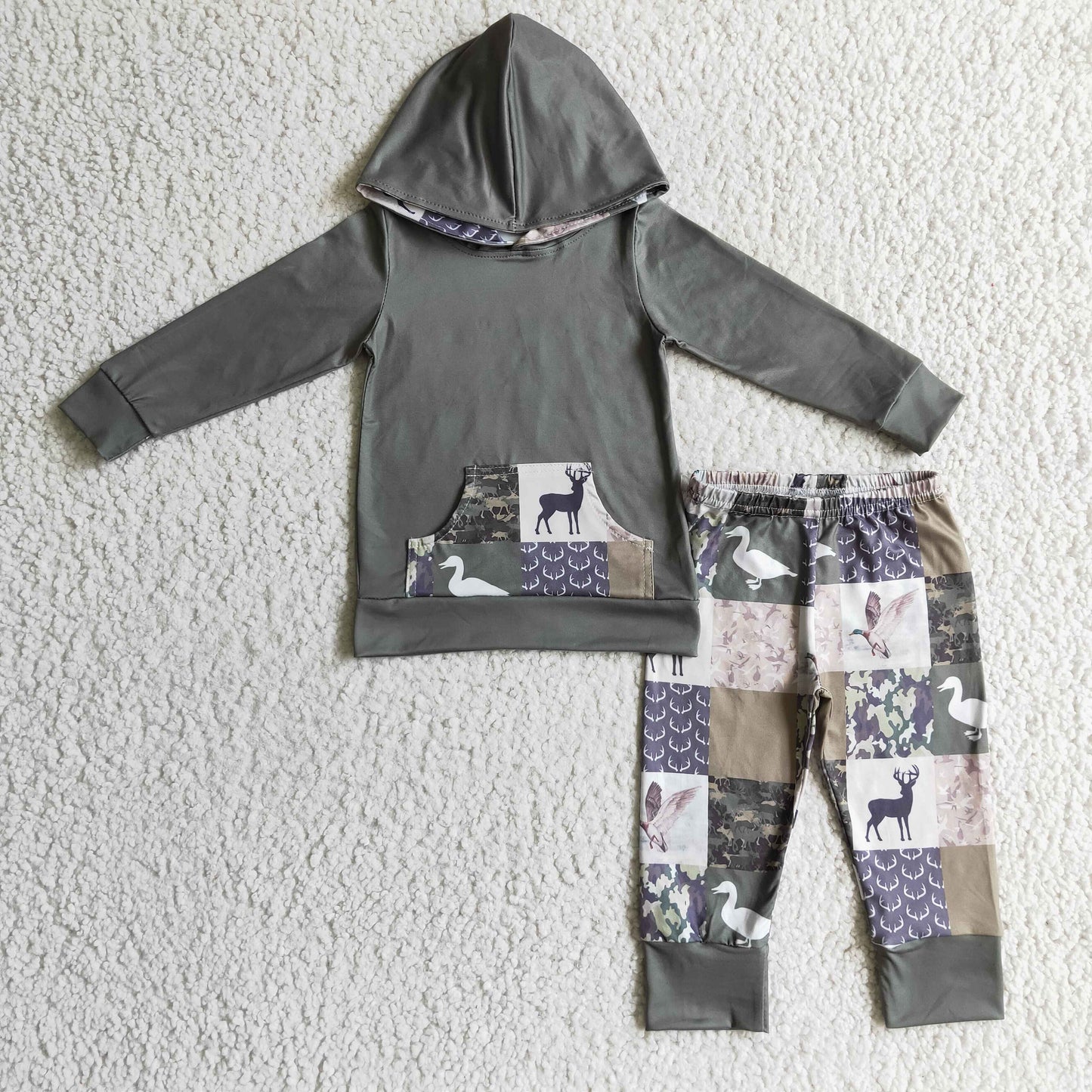 Deer duck camo patchwork kids boy hunting hoodie set