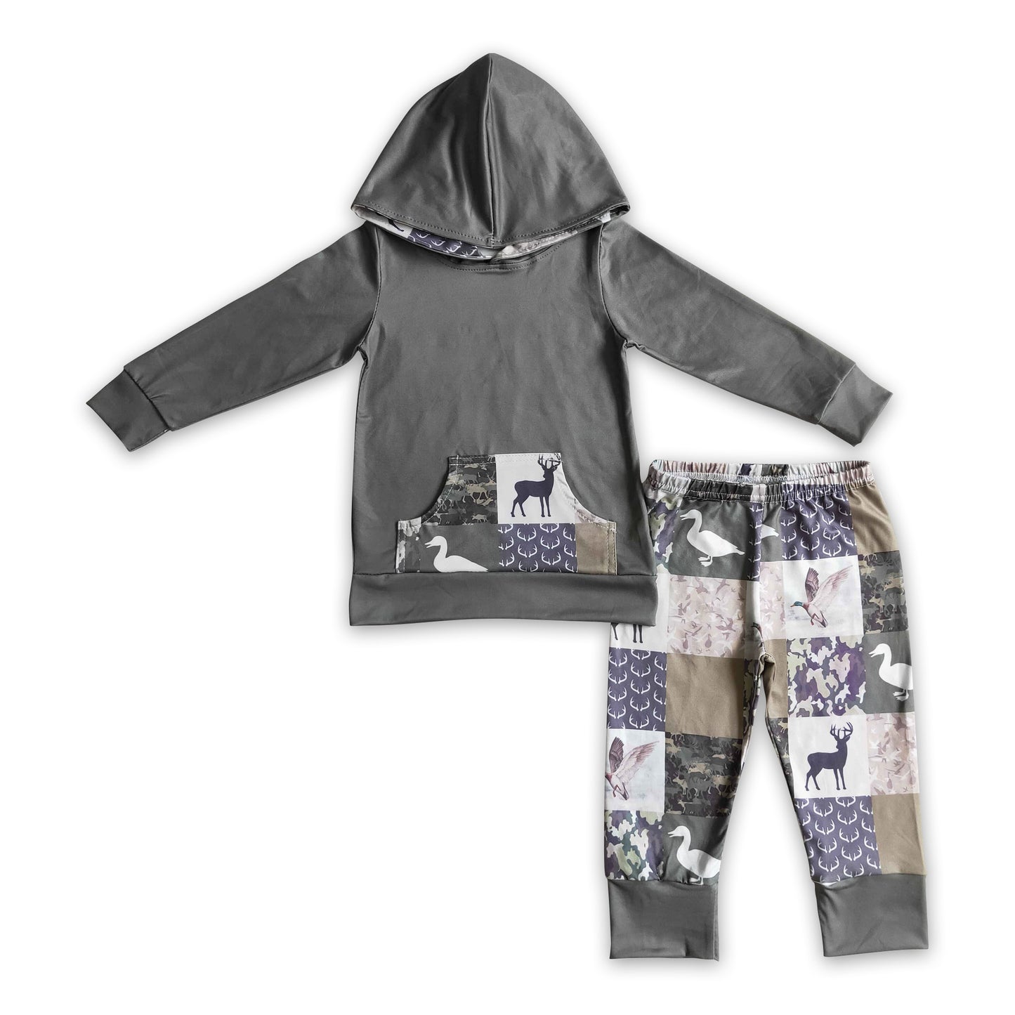 Deer duck camo patchwork kids boy hunting hoodie set