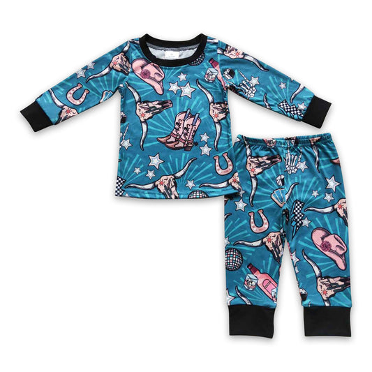 Bull skull cactus kids boy western pajamas