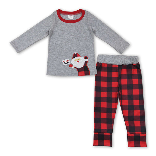 Grey santa top buffalo plaid pants boy Christmas outfits