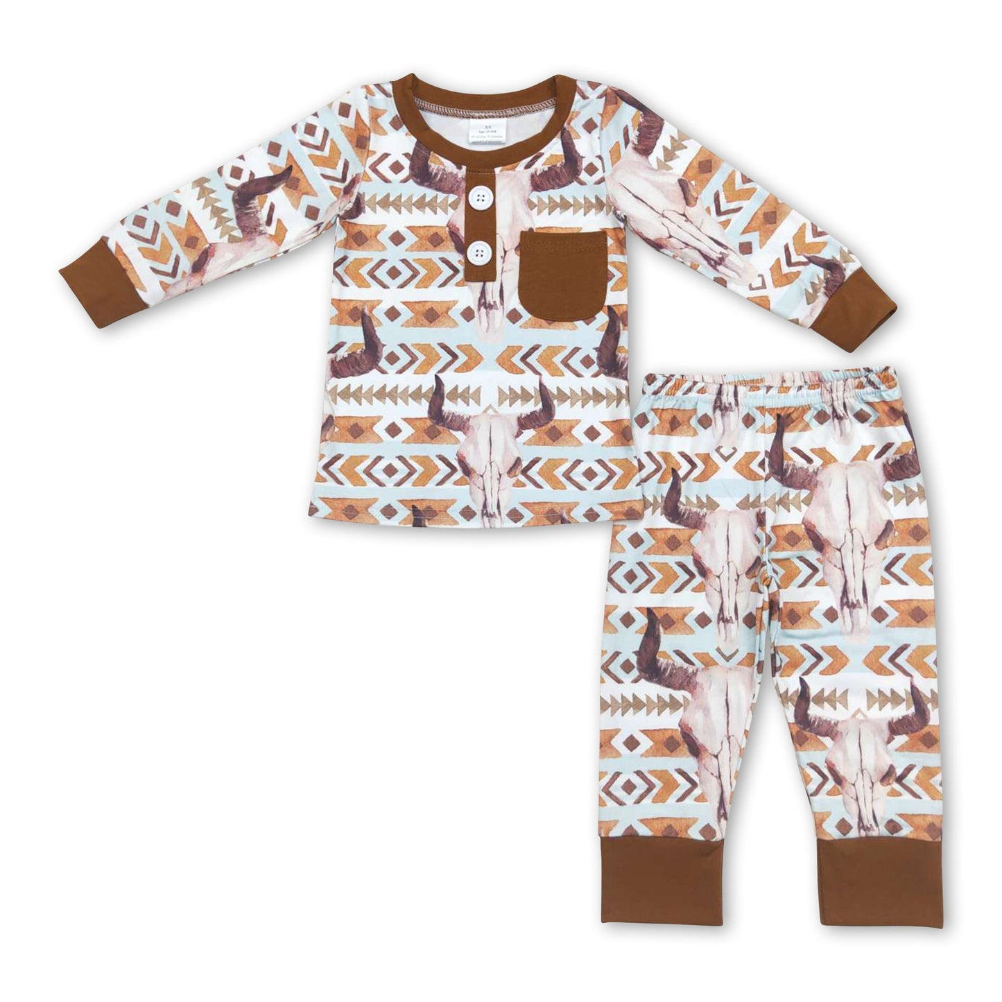 Brown pocket bull skull long sleeves kids boy western pajamas