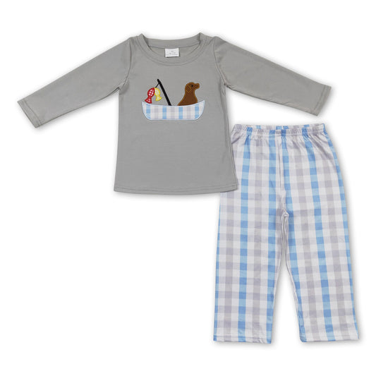 Dog fish boat top plaid pants kids boy hunting clothes