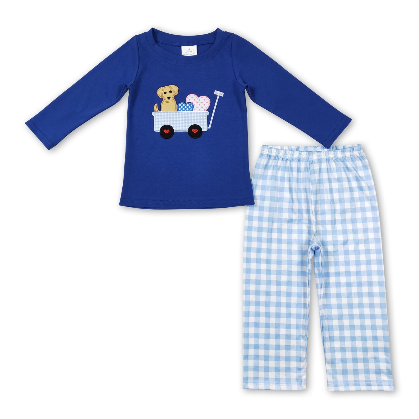 Blue dog heart top plaid pants boy Valentine's outfits