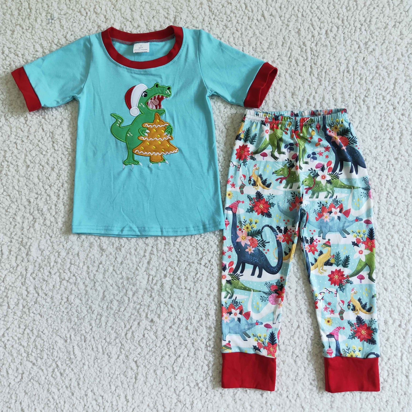 Dinosaur embroidery cotton shirt pants kids boy Christmas pajamas