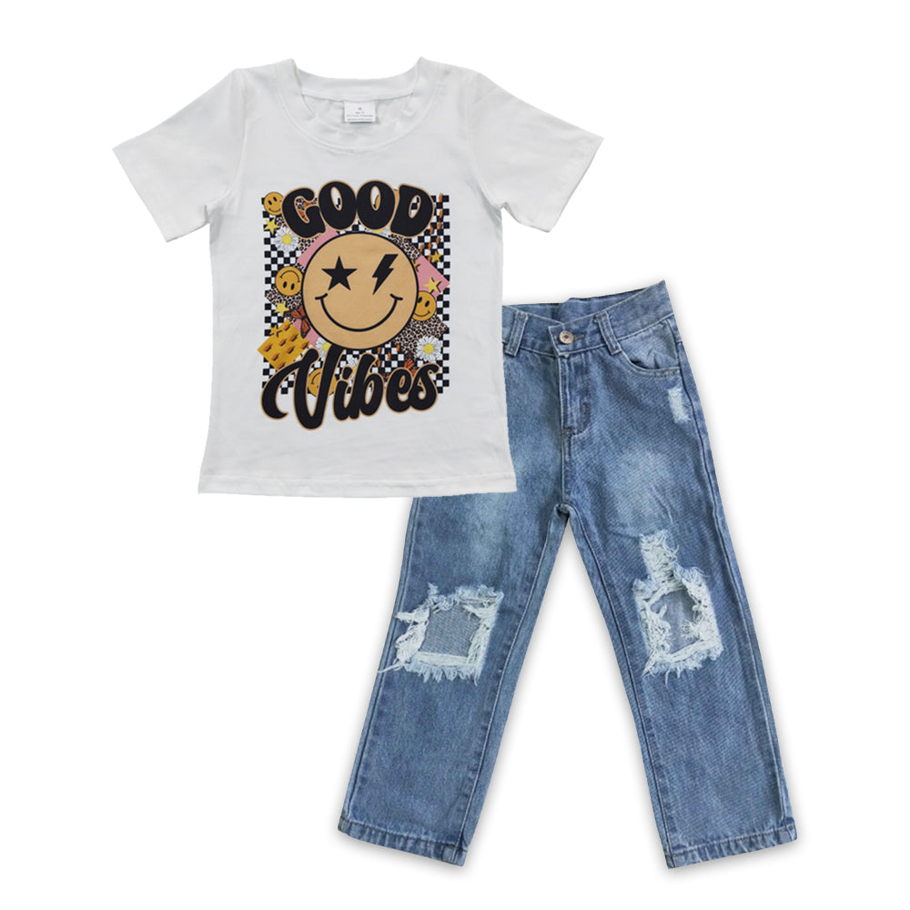 Good vibes smile shirt hole jeans kids boy outfits