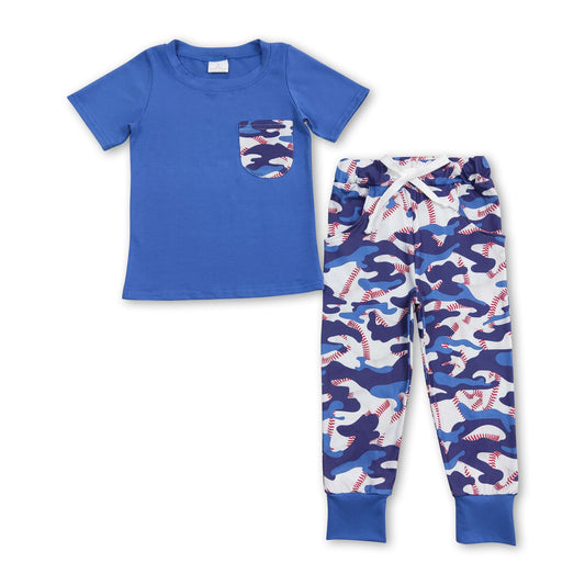 Blue camo baseball short sleeves kids boy outfits