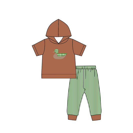 Brown duck hoodie green stripe pants boy clothes