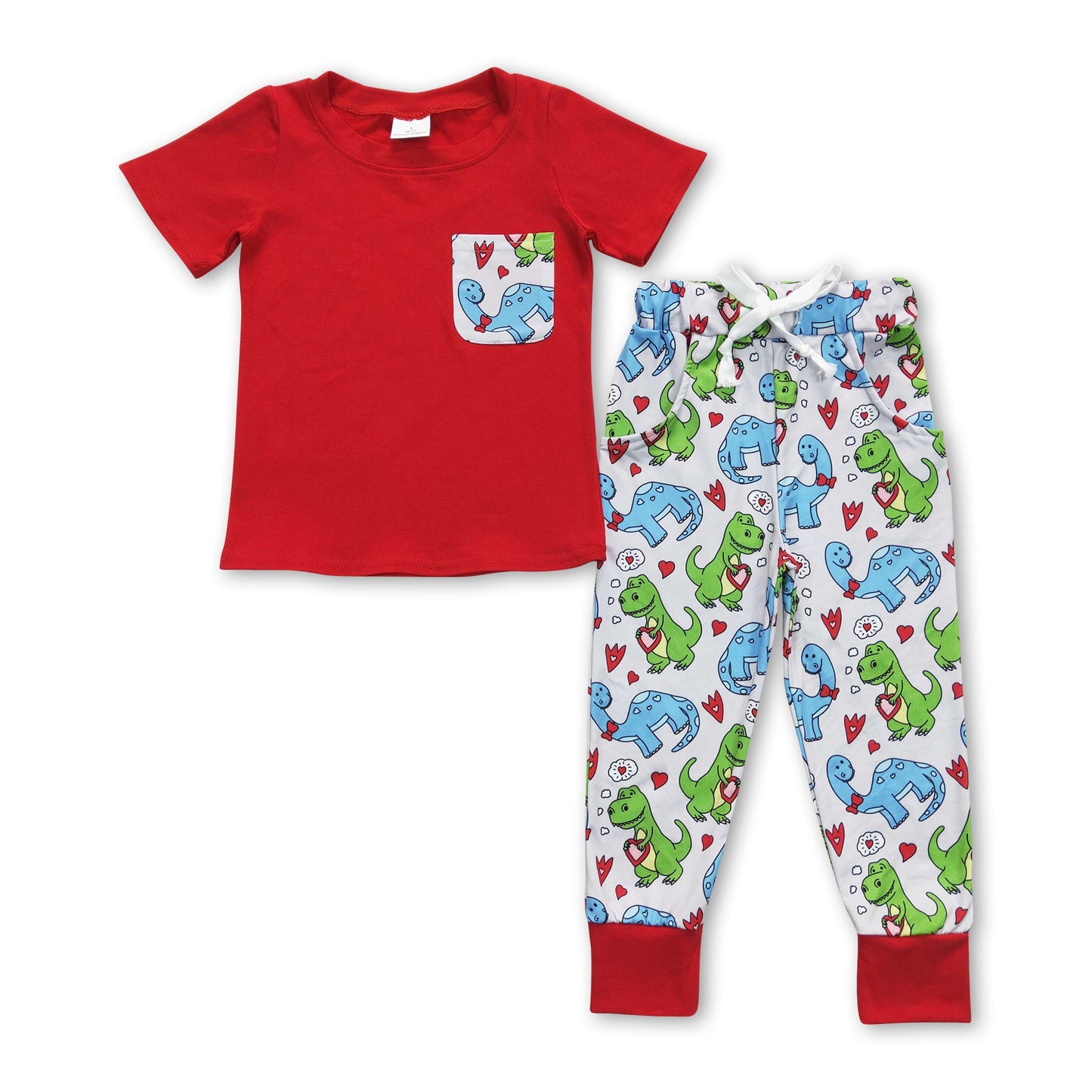 Red pocket top dinosaur pants boy valentine's outfits