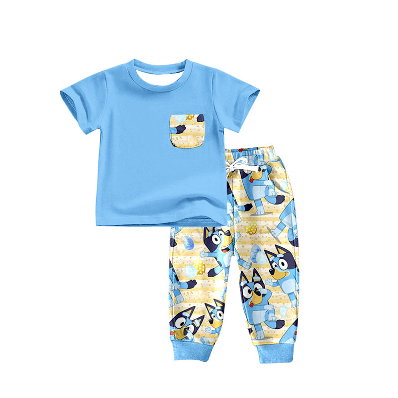 Blue pocket top dog eggs pants boys easter clothes