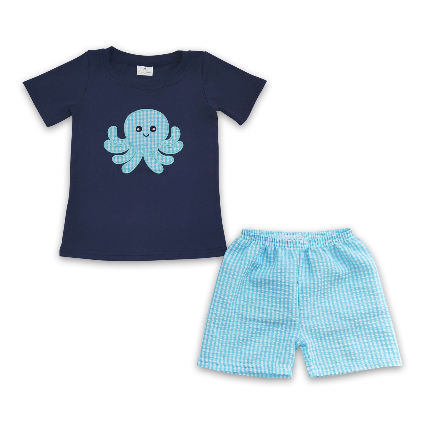 Octopus embroidery shirt seersuck shorts kids boy summer outfits