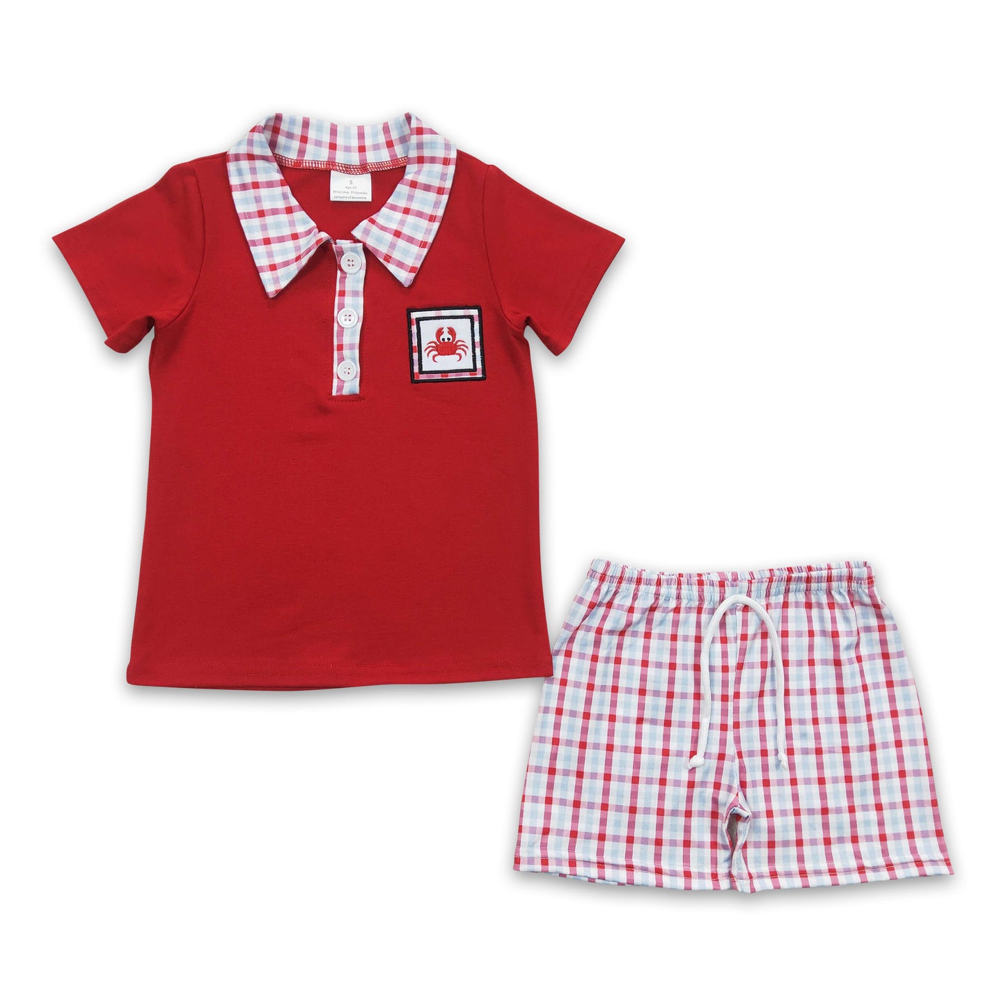 Crab embroidery polo shirt plaid shorts boy summer clothes