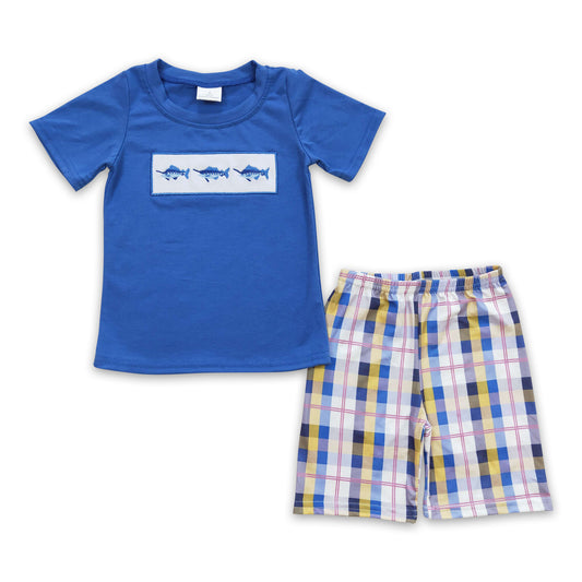 Shark embroidery cotton shirt plaid shorts boy outfits