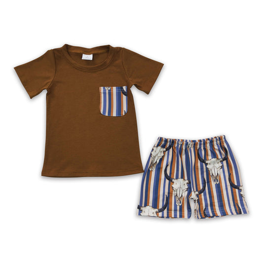 Brown cotton pocket shirt stripe bull skull shorts boy clothes