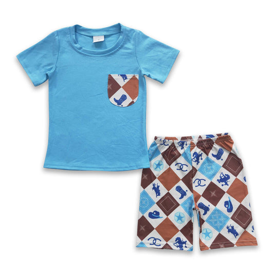 Blue boots pocket shirt shorts western boy outfits