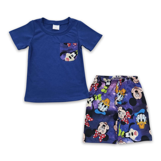 Blue cotton pocket shirt mouse shorts cute boy clothing