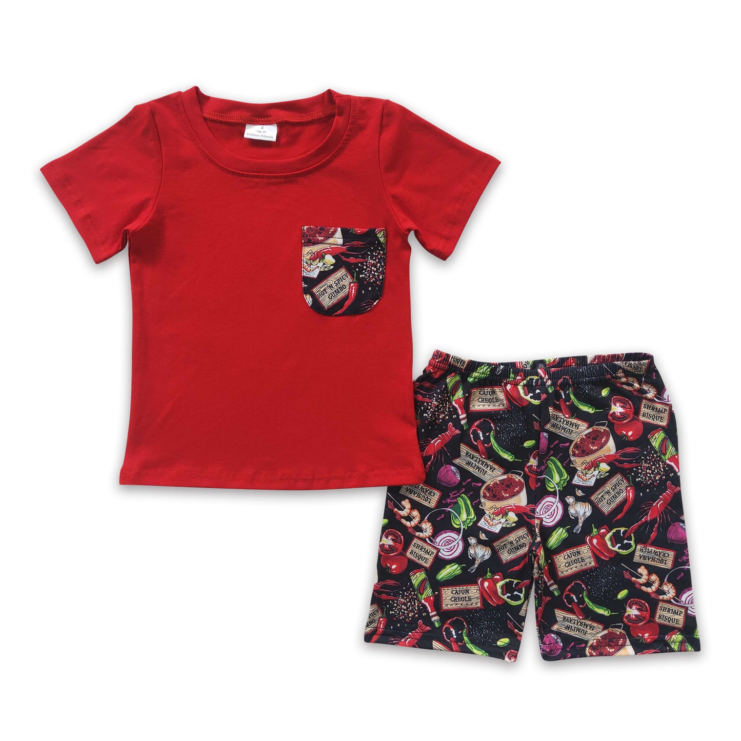 Blue cotton pocket shirt crawfish shorts kids boy clothing set