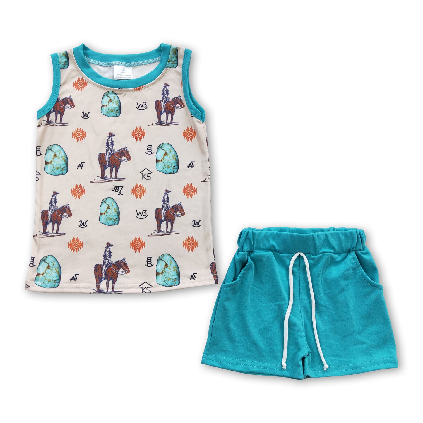 Sleeveless horse rodeo aztec shirt shorts boy outfits