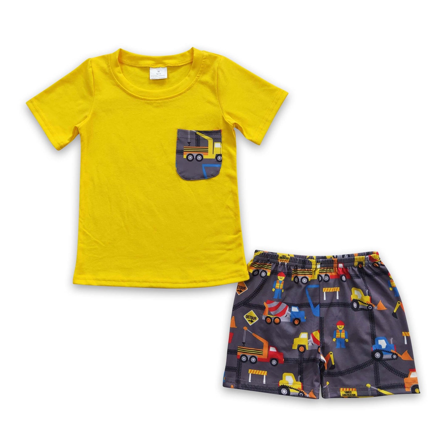 Pocket top construction trucks kids boy clothing set