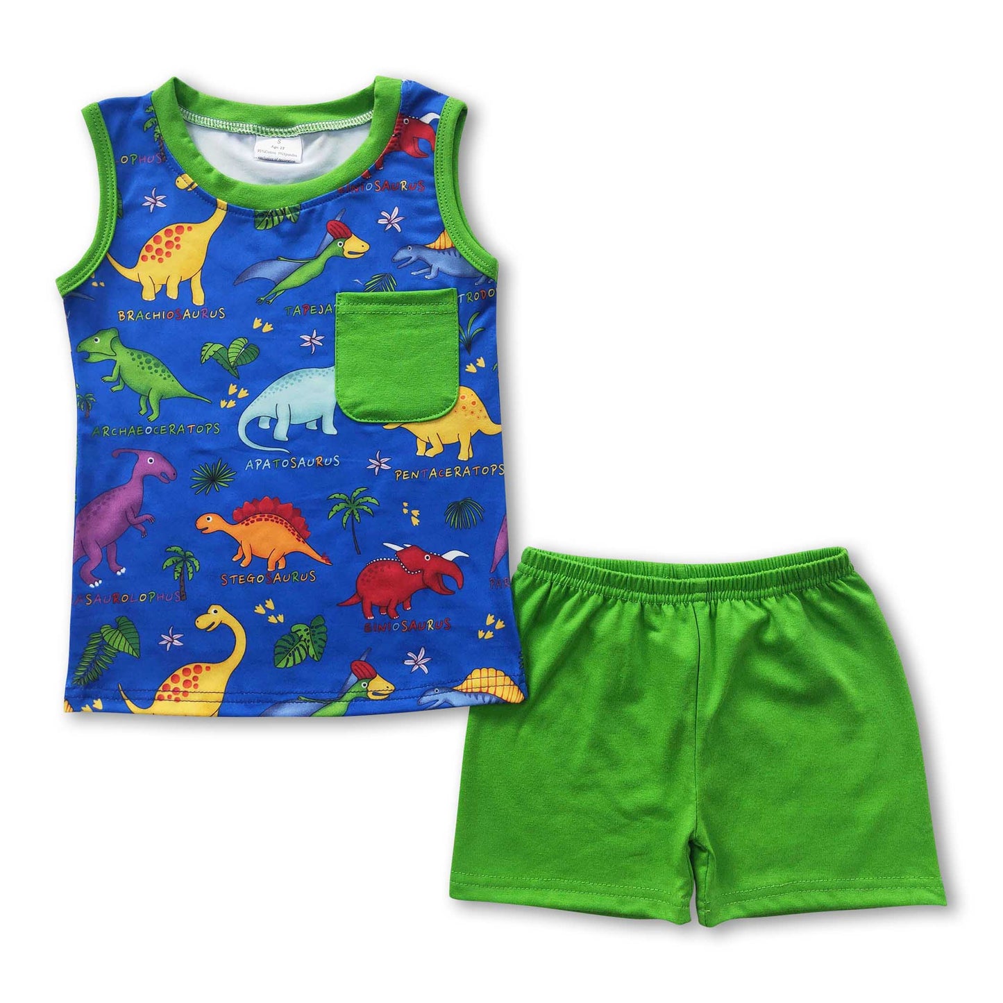 Sleeveless dinosaur shirt green shorts boy summer outfits