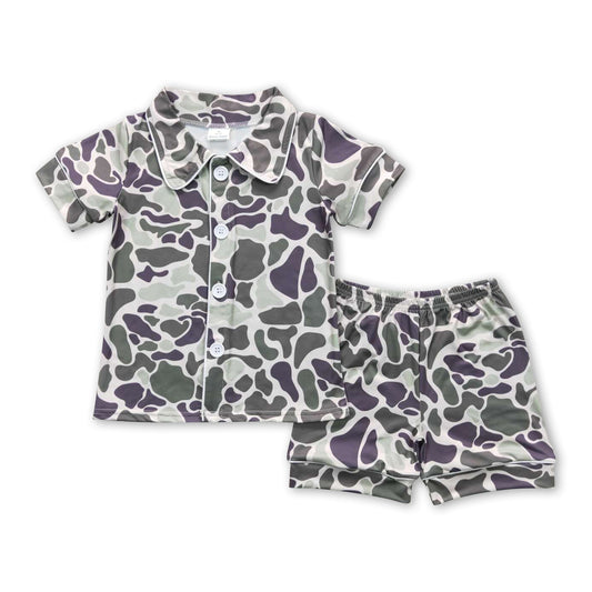 Short sleeves green camo kids button up summer pajamas