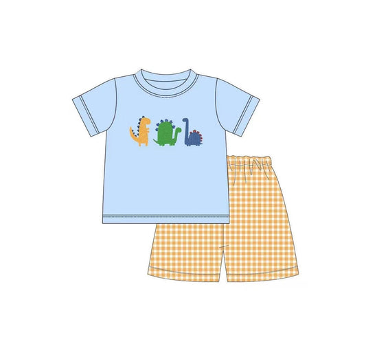 Dinosaur short sleeves top plaid shorts boy summer outfits