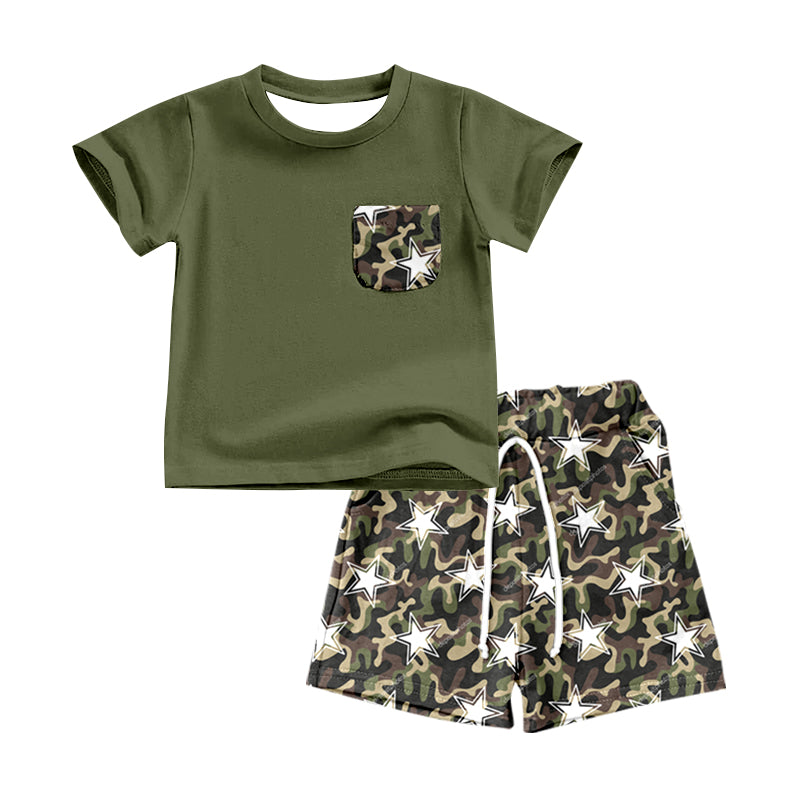 Olive pocket top camo stars shorts kids boys outfits