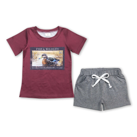 Fish wildlife duck top grey shorts boys summer clothes