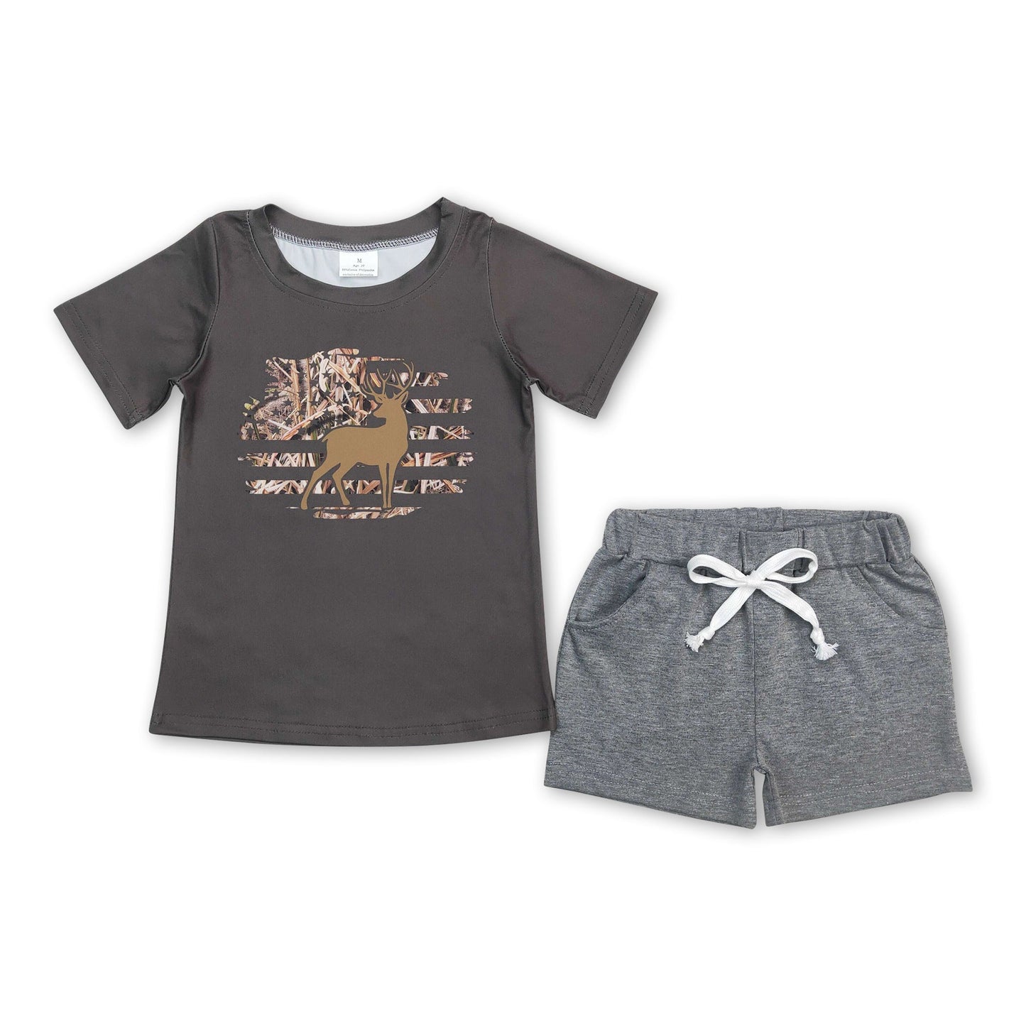 Deer camo short sleeves top grey shorts boy clothing