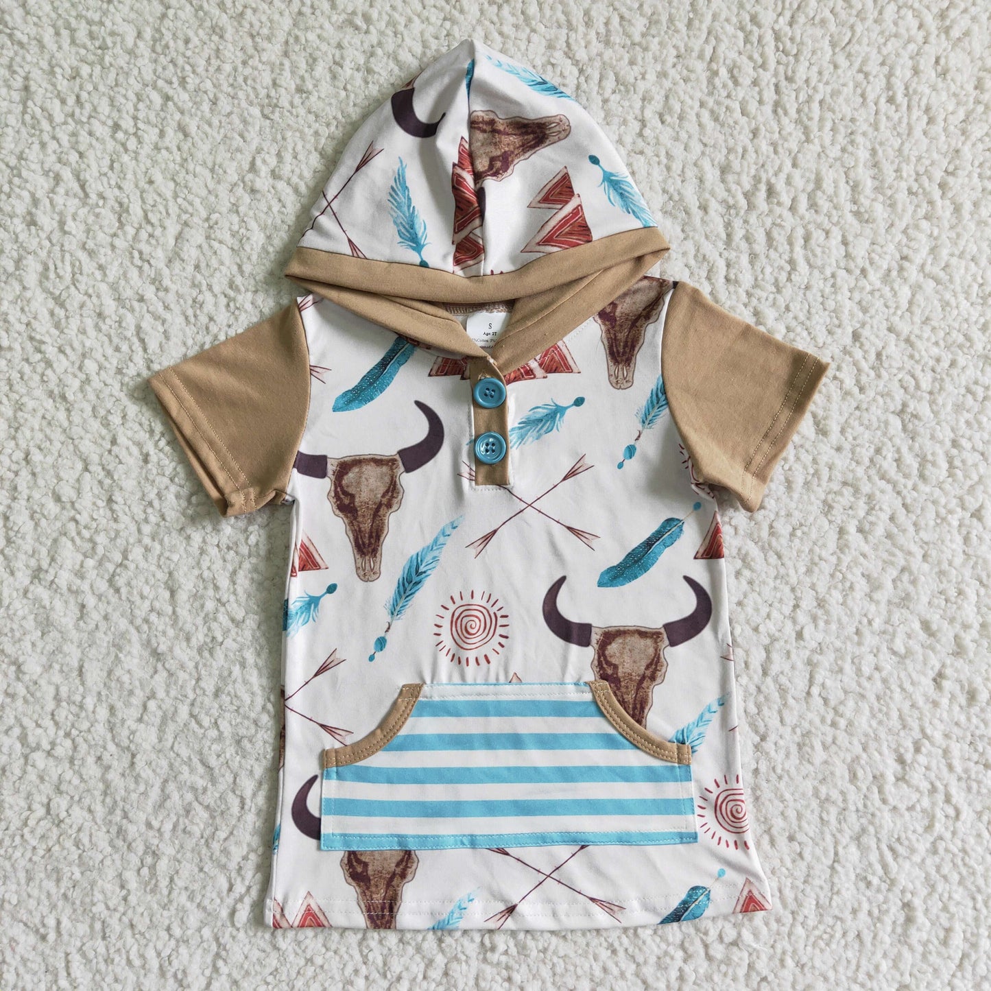 Bull skull teepee short sleeve boy summer hoodie