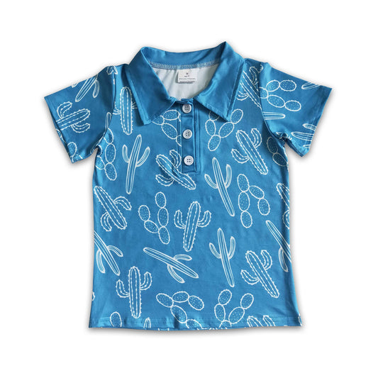 Short sleeve blue cactus boy western shirt