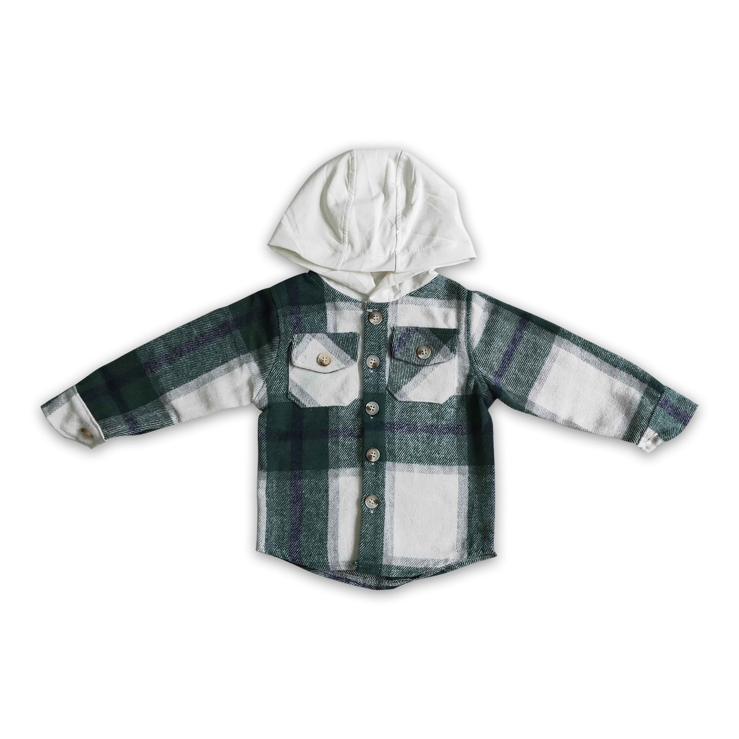 Green plaid cotton shirt pocket boy thick flannel button up hoodie