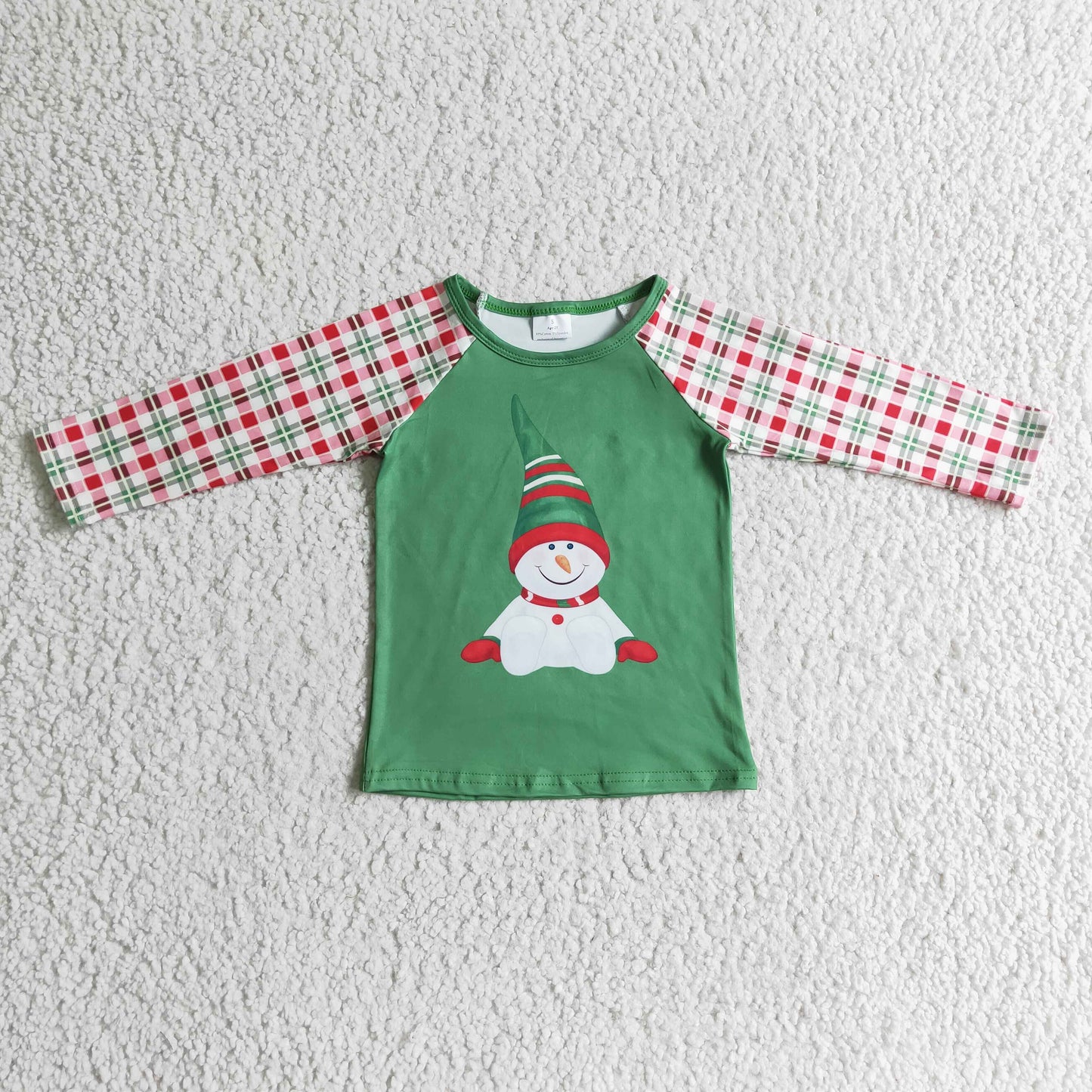 Green snowman plaid kids boy Christmas raglan shirt