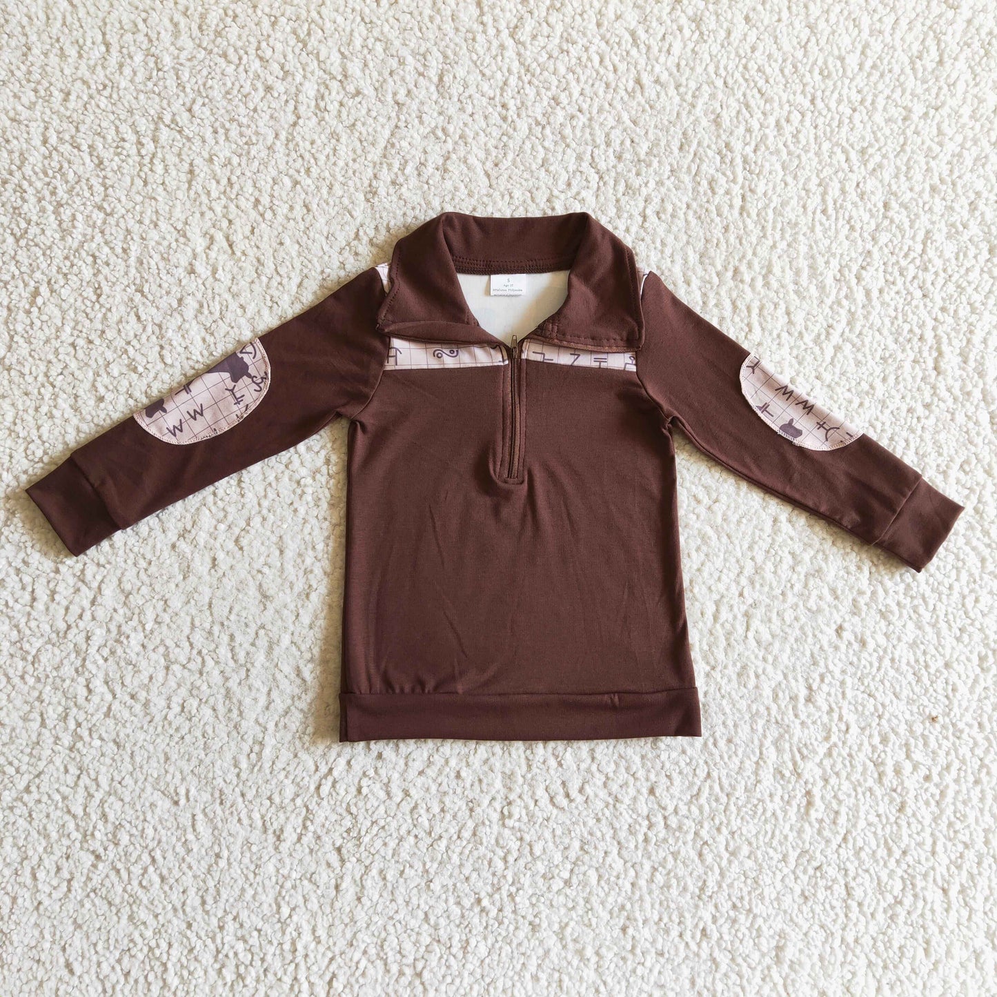 Cow print brown cotton boy western zipper pullover