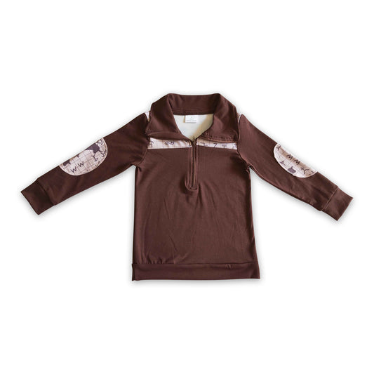 Cow print brown cotton boy western zipper pullover