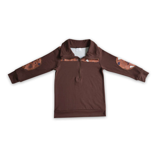 Bull skull brown long sleeves kids boy zipper pullover