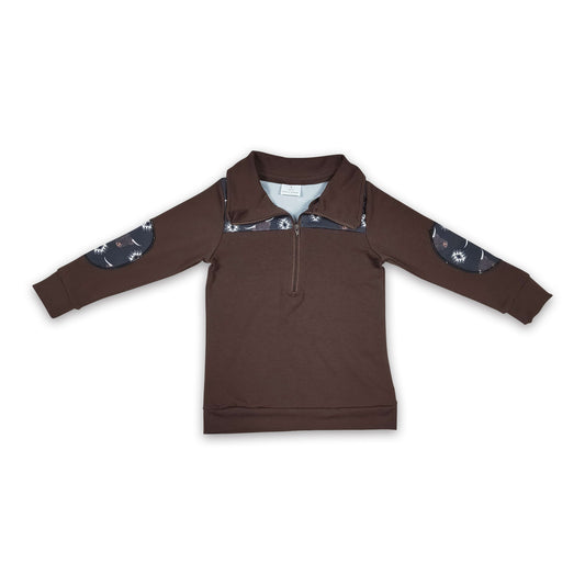 Brown highland cow kids boy western zipper pullover