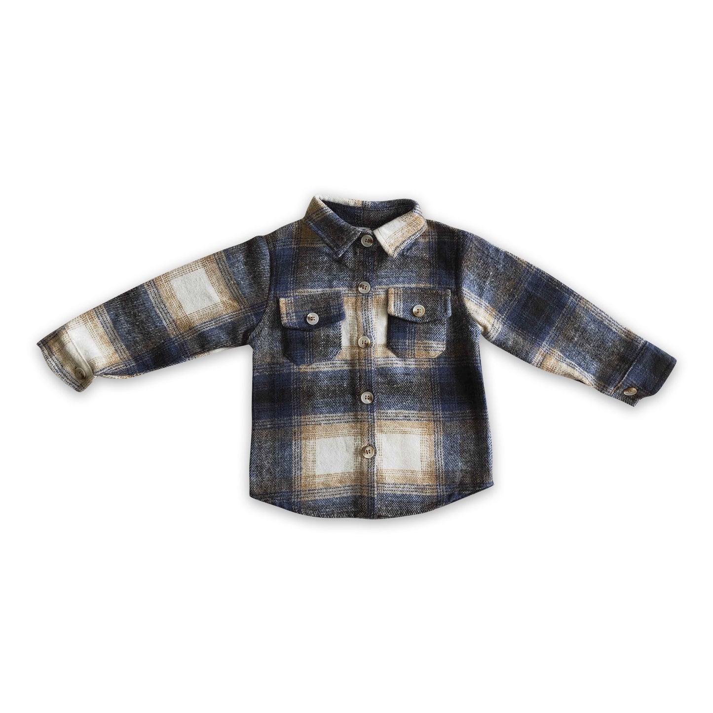 Navy plaid cotton pocket boy super thick flannel button up shirt