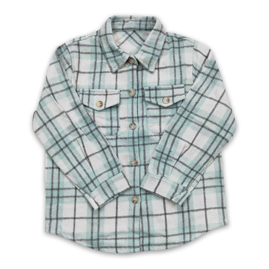 Green plaid cotton pocket boy flannel button up shirt