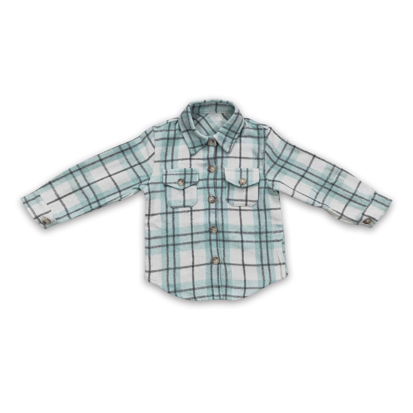 Green plaid cotton pocket boy flannel button up shirt