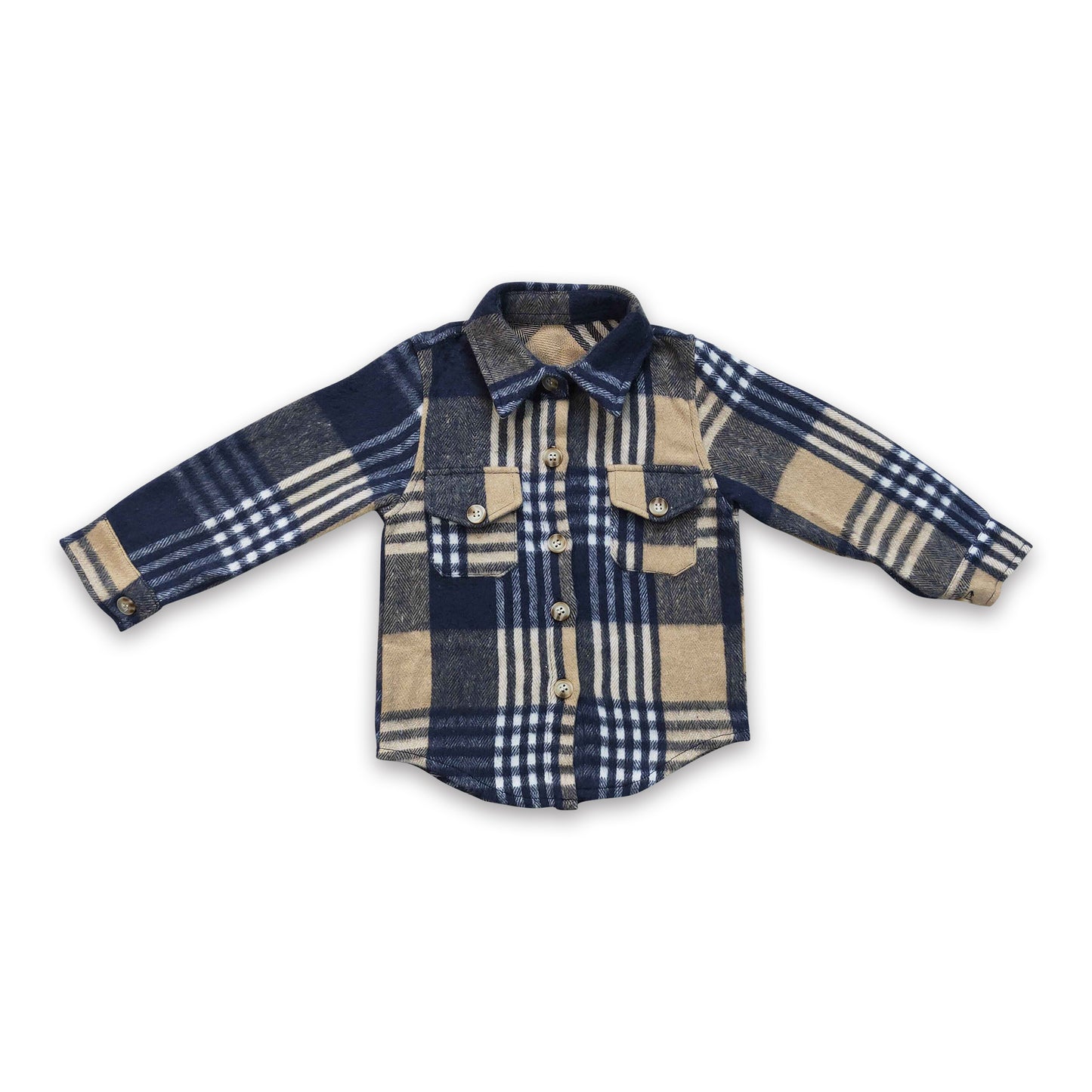 Navy khaki plaid cotton pocket boy thick flannel button up shirt