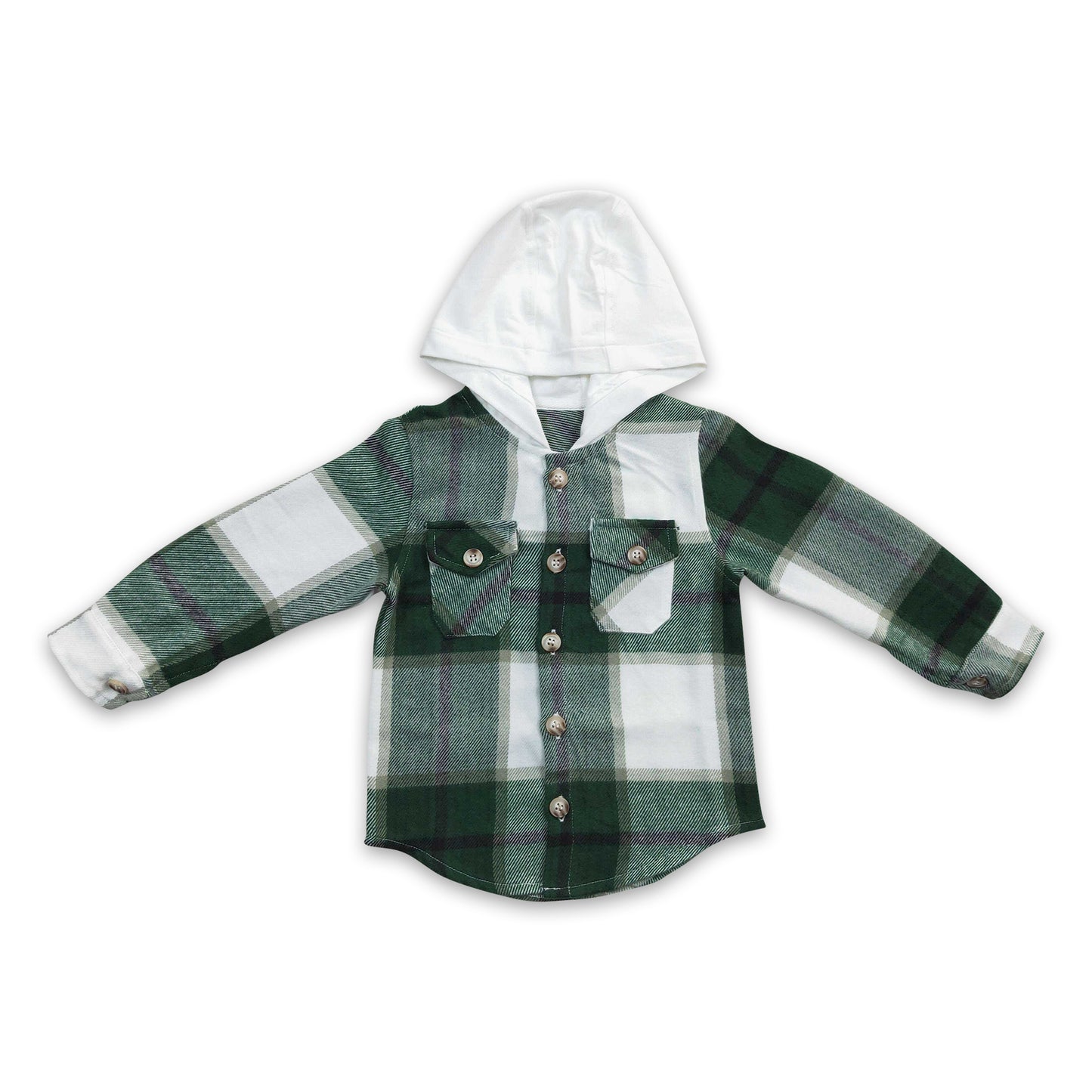 Green plaid shirt pocket boy flannel button up hoodie